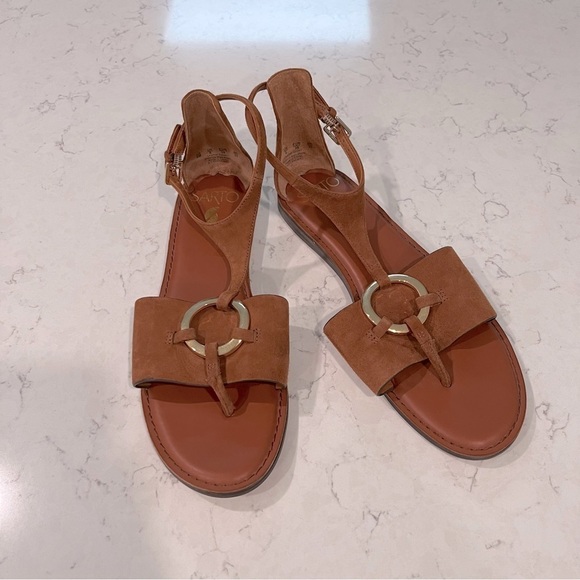 Franco Sarto Lockheart Cognac Suede Gold Ring Ankle Strap Sandal, size 8 - Picture 2 of 14